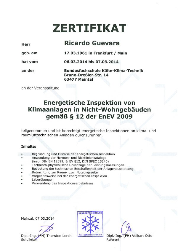 Zertifikat Energetische Inspektion von Klimaanlagen in Nicht Wohngebaeuden gemaess 12 der EnEV 2009
