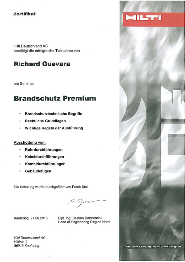 Zertifikat Seminar Brandschutz Premium fuer Richard Guevara