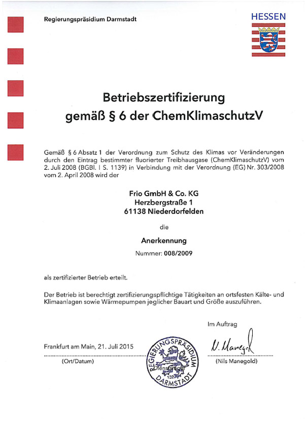 Betriebszertifizierung gem. 6 ChemKlimaschutzV