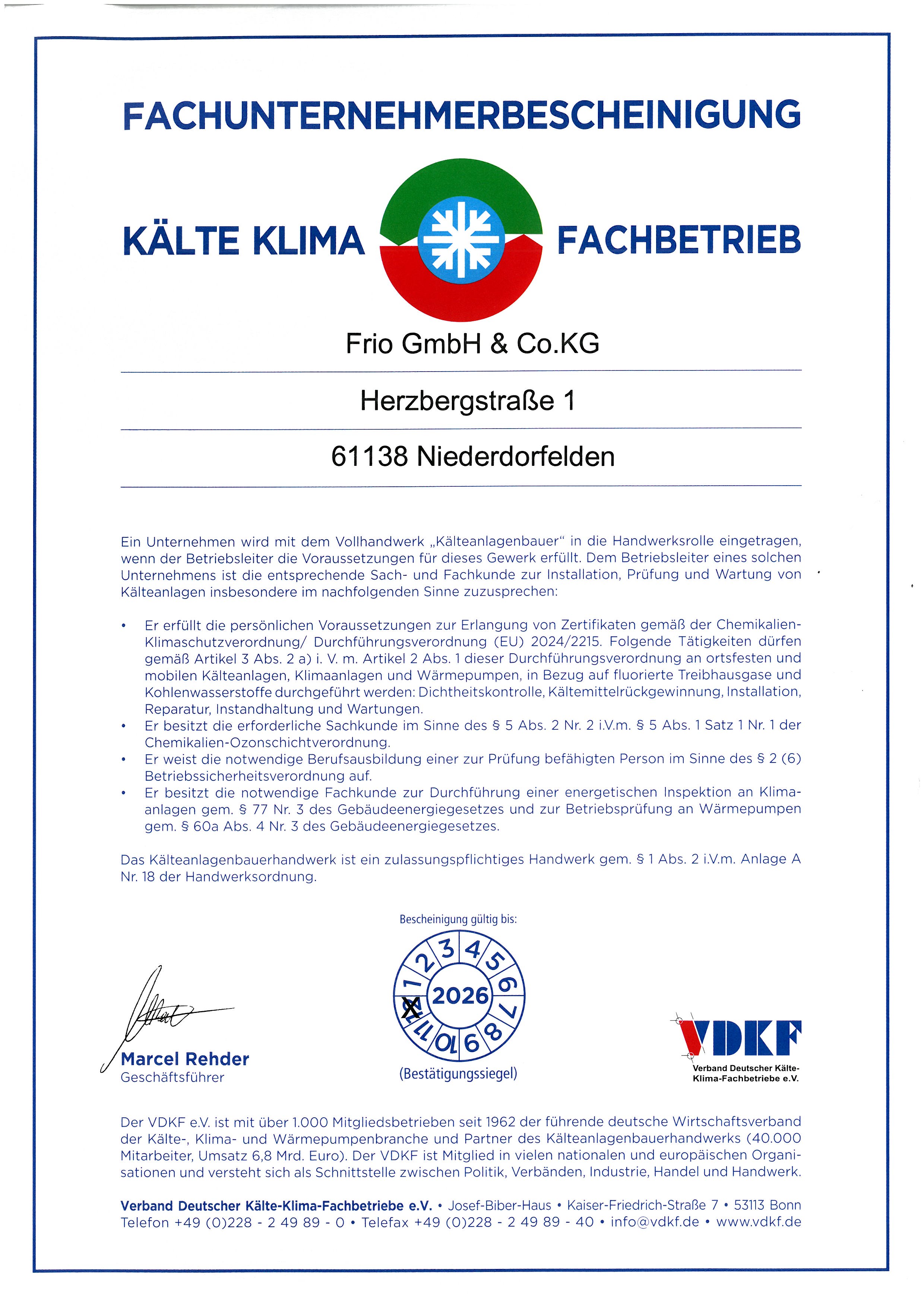 2026 Fachunternehmerbescheinigung VDKF