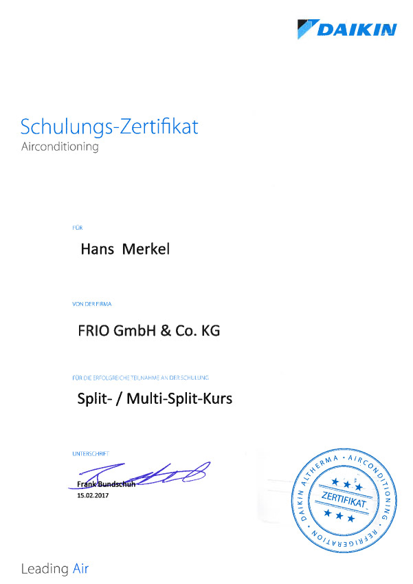 Schulungs Zertifikat Airconditioning Hans Merkel