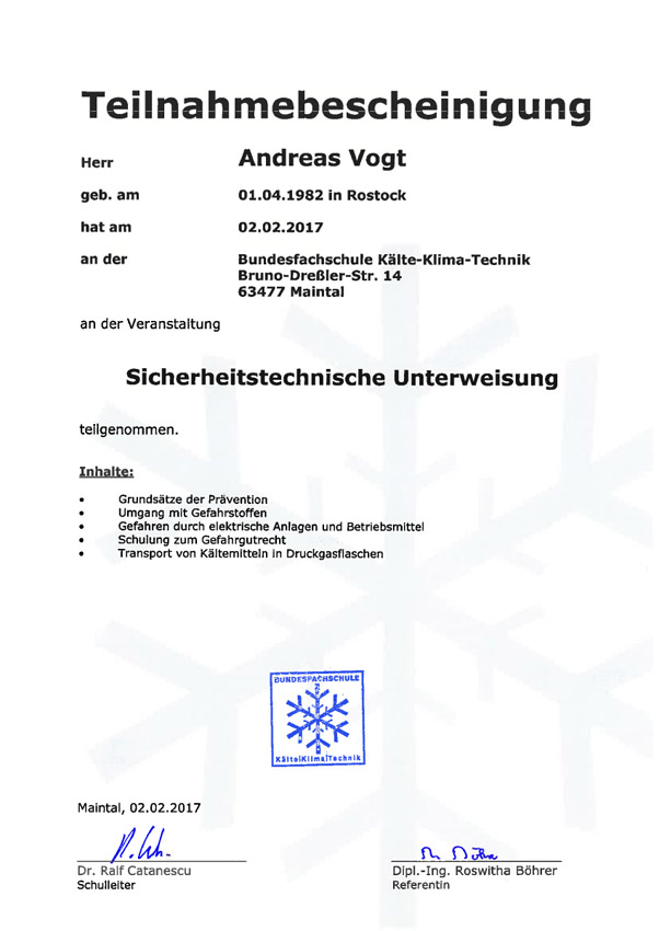 Sicherheitstechnische Unterweisung Andreas Vogt
