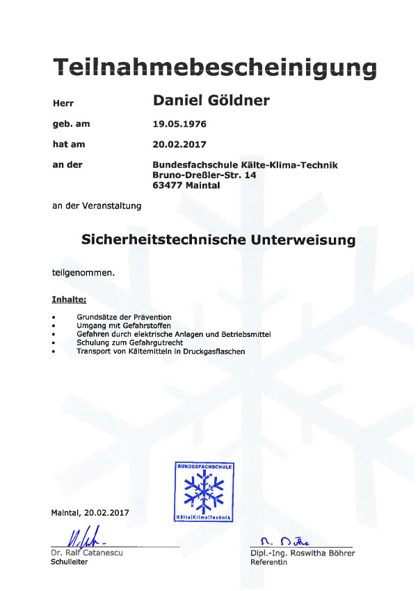 Sicherheitstechnische Unterweisung Daniel Goeldner