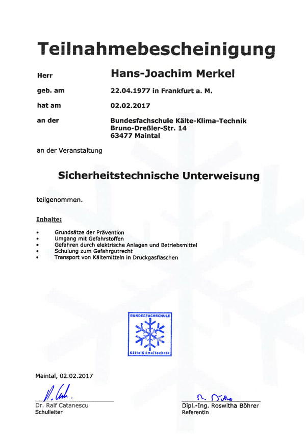 Sicherheitstechnische Unterweisung Hans Joachim Merkel