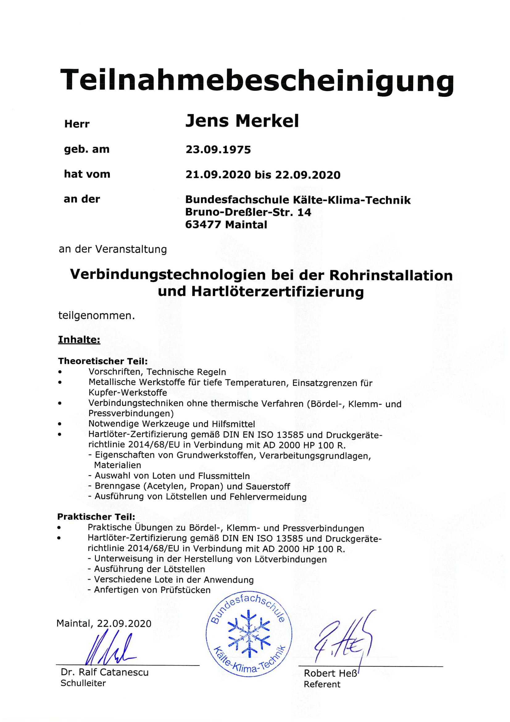 Zertifikae Jens Merkel und Karol Skowronski vom 22.09.2020 1