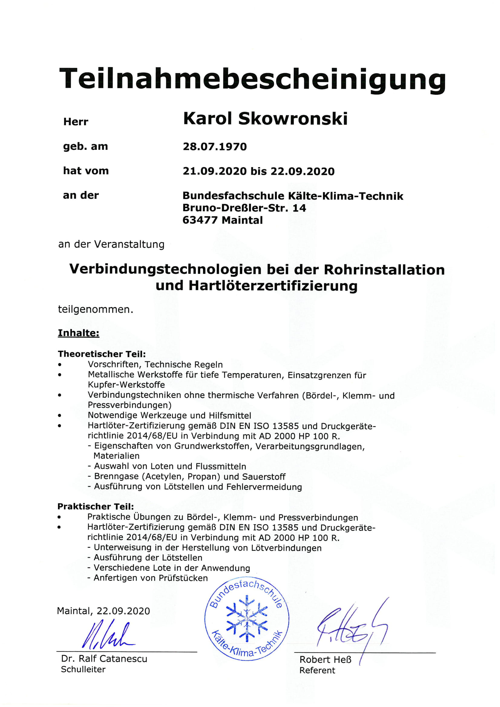 Zertifikae Jens Merkel und Karol Skowronski vom 22.09.2020 2