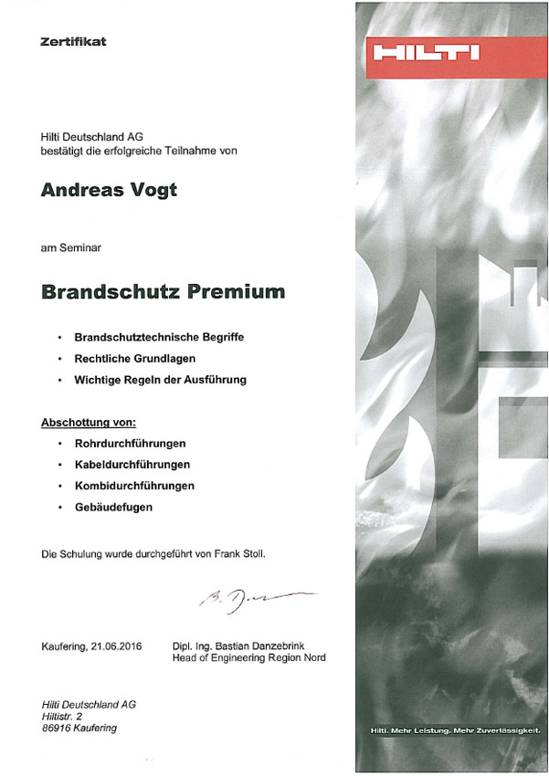 Zertifikat Seminar Brandschutz Premium fuer Andreas Vogt