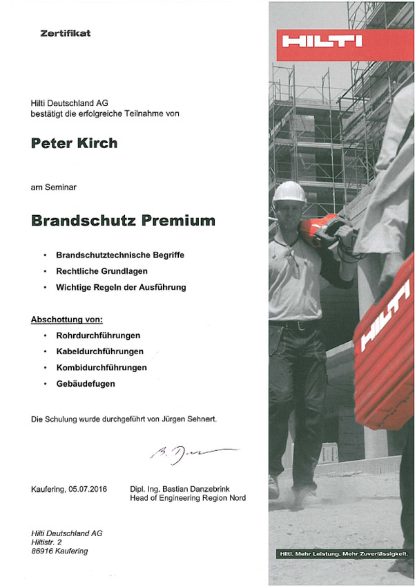 Zertifikat Seminar Brandschutz Premium fuer Peter Kirch