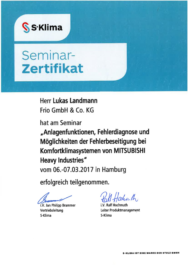 Zertifikat Seminar zu Anlagenfunktionen Fehlerdiagnose und Moeglichkeiten der Fehlerbeseitigung bei Komfortklimasystemen von MITSUBISHI Heavy Industries