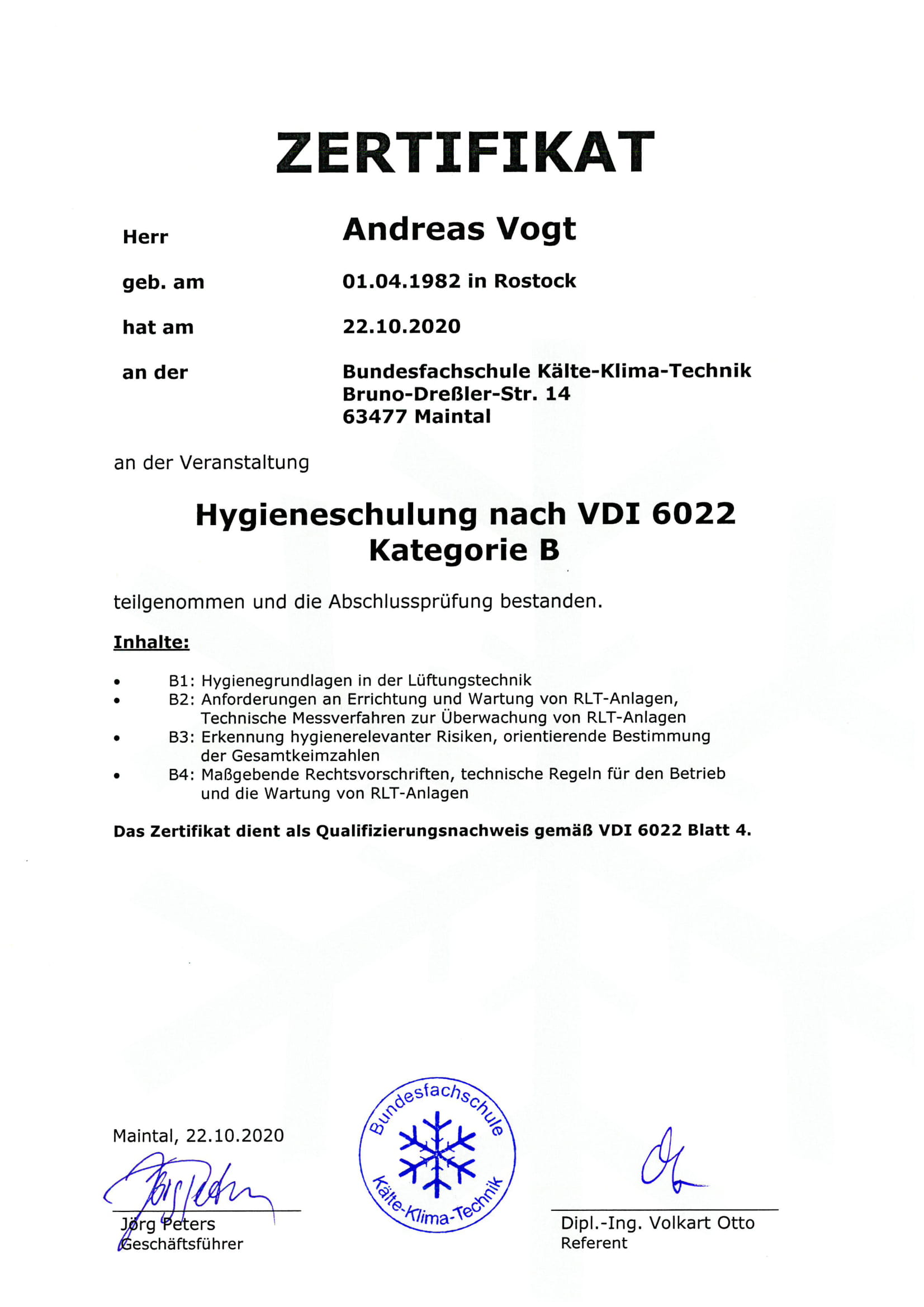 Zertifikate Peter Kirch und Andreas Vogt vom 22.10.2020 2